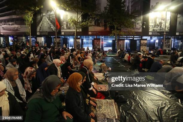 Members of the Sydney Muslim community hold Taraweeh Prayer for Palestine at Martin Place on March 22, 2024 in Sydney, Australia. Ramadan has taken...