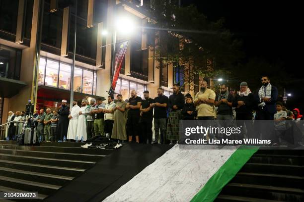 Members of the Sydney Muslim community hold Taraweeh Prayer for Palestine at Martin Place on March 22, 2024 in Sydney, Australia. Ramadan has taken...