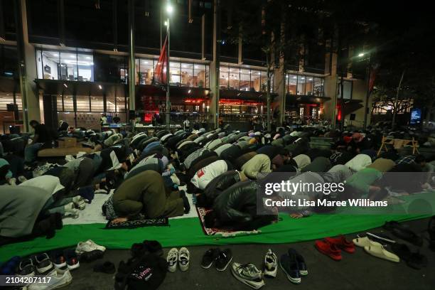 Members of the Sydney Muslim community hold Taraweeh Prayer for Palestine at Martin Place on March 22, 2024 in Sydney, Australia. Ramadan has taken...