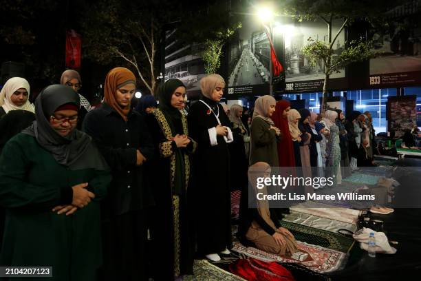 Members of the Sydney Muslim community hold Taraweeh Prayer for Palestine at Martin Place on March 22, 2024 in Sydney, Australia. Ramadan has taken...