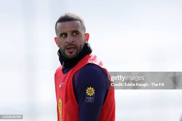 Kyle Walker of England looks on during a training session at St Georges Park on March 22, 2024 in Burton-upon-Trent, England.