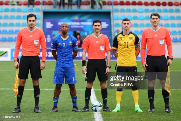 Himid Mao of Tanzania and Kiril Despodov of Bulgara pose for a photo alongside Referee Aliyar Aghayev prior to the FIFA Series 2024 Azerbaijan match...