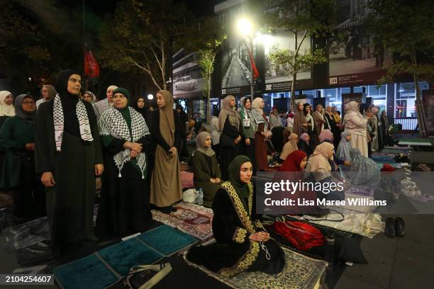 Members of the Sydney Muslim community hold Taraweeh Prayer for Palestine at Martin Place on March 22, 2024 in Sydney, Australia. Ramadan has taken...