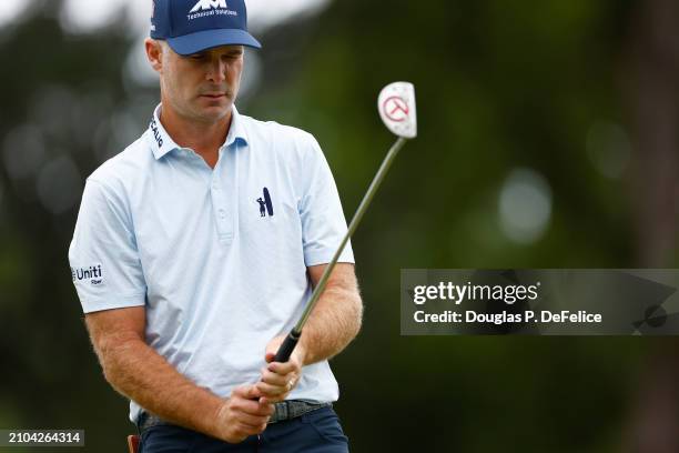 Kevin Streelman of the United States reacts to a putt on the sixth green during the second round of the Valspar Championship at Copperhead Course at...