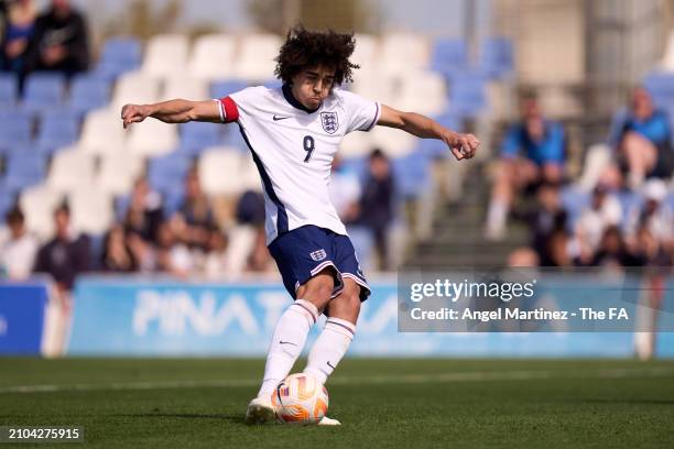 Jayden Danns of England U18 scores in the penalty shoot out during the International Friendly match between England U18 and Germany U18 at Pinatar...