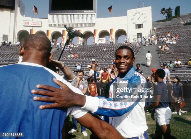 United States Sprinter Carl Lewis during United States vs East Germany track meet in Los Angeles Coliseum, June 25, 1983 in Los Angeles, California.