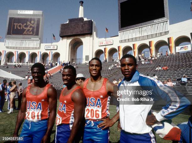 United States Mens Relay Team members Emmit King, Mark McNeil, Willie Gault and Carl Lewis during United States vs East Germany track meet in Los...