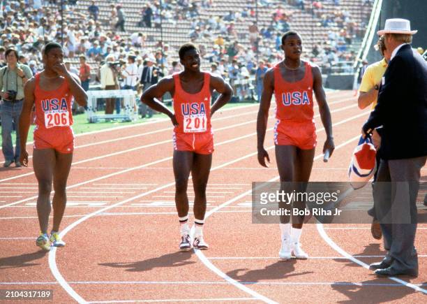 Team USA Relay Team members Willie Gault, Emmit King and Carl Lewis during United States vs East Germany track meet in Los Angeles Coliseum, June 25,...