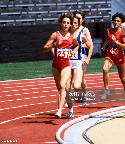 United States Long Distance Runner Mary Decker during United States vs East Germany track meet in Los Angeles Coliseum, June 25, 1983 in Los Angeles,...