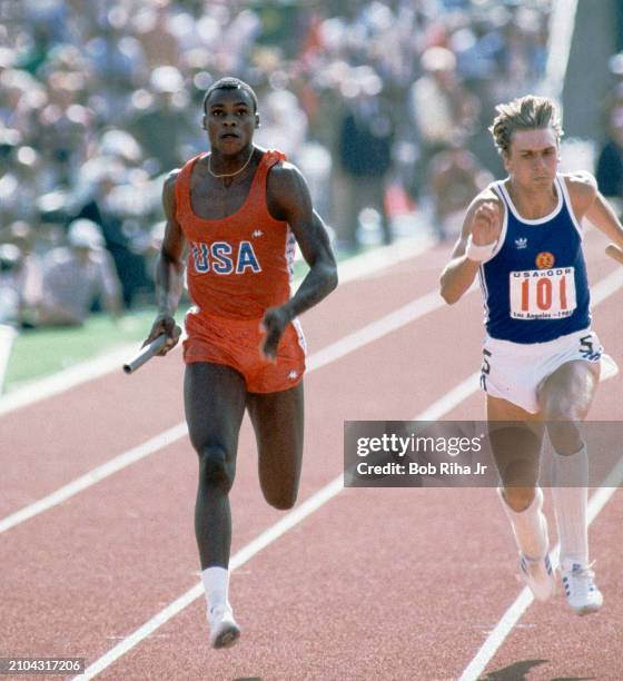 United States Sprinter Carl Lewis during United States vs East Germany track meet in Los Angeles Coliseum, June 25, 1983 in Los Angeles, California.