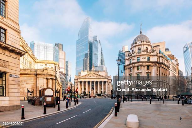 london financial district with historic royal exchange building and bank of england, uk - historic stock exchange building stock pictures, royalty-free photos & images