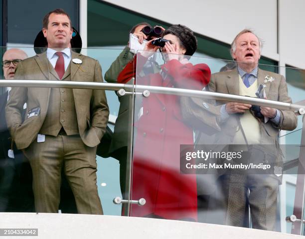 Peter Phillips, Princess Anne, Princess Royal and Andrew Parker Bowles watch the racing from the balcony of the Royal Box as they attend day 4 'Gold...