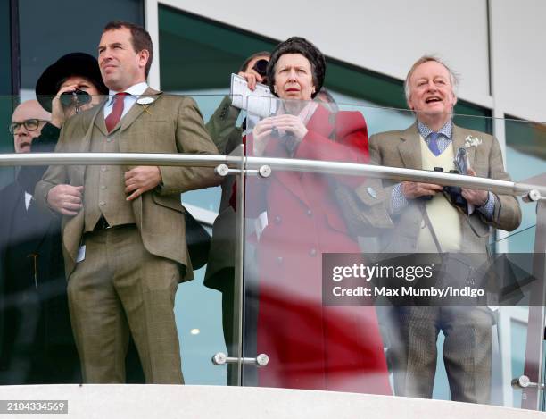 Peter Phillips, Princess Anne, Princess Royal and Andrew Parker Bowles watch the racing from the balcony of the Royal Box as they attend day 4 'Gold...