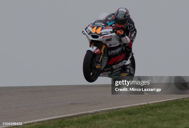 Aron Canet of Spain and Fantic Racing lifts the front wheel during the MotoGP Of Portugal - Free Practice at Autodromo do Algarve on March 22, 2024...