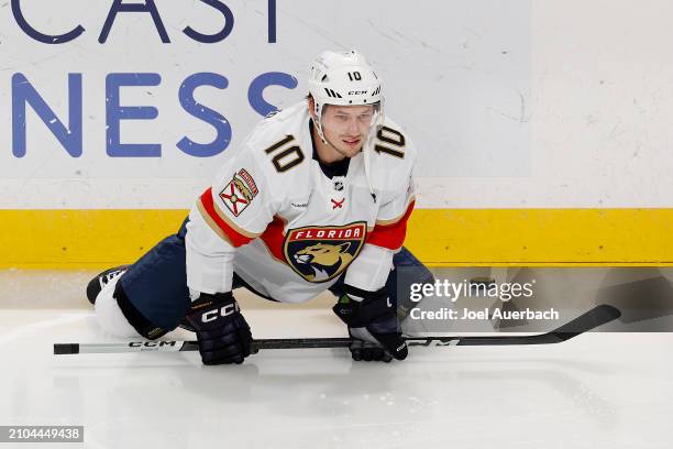 Vladimir Tarasenko of the Florida Panthers stretches prior to the game against the Nashville Predators at the Amerant Bank Arena on March 21, 2024 in...