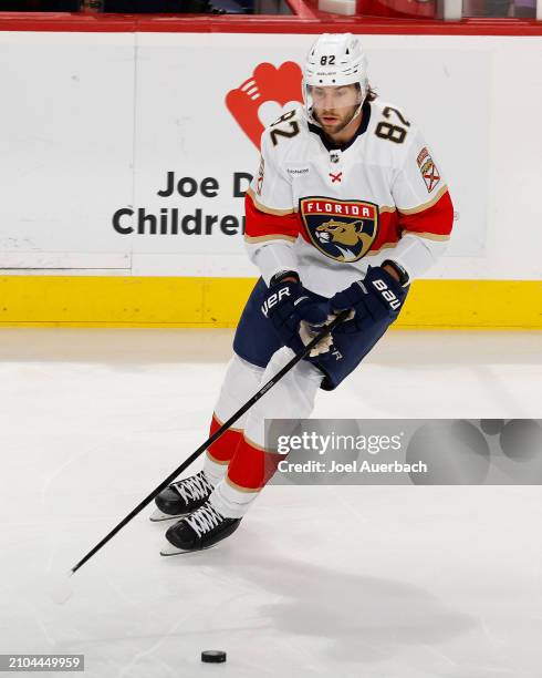 Kevin Stenlund of the Florida Panthers skates with the puck prior to the game against the Nashville Predators at the Amerant Bank Arena on March 21,...