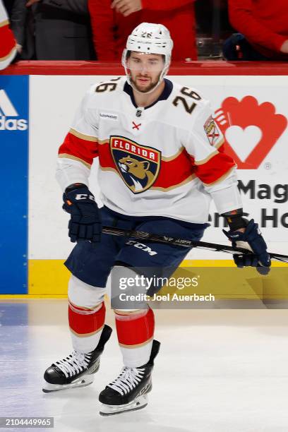 Uvis Balinskis of the Florida Panthers warms up rior to the game against the Nashville Predators at the Amerant Bank Arena on March 21, 2024 in...