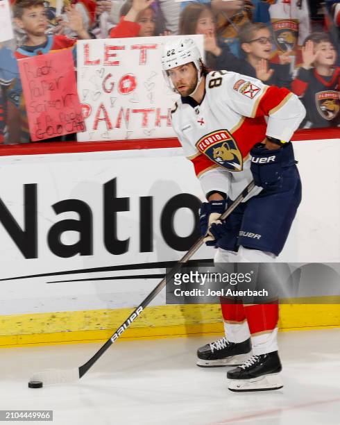 Kevin Stenlund of the Florida Panthers skates with the puck prior to the game against the Nashville Predators at the Amerant Bank Arena on March 21,...