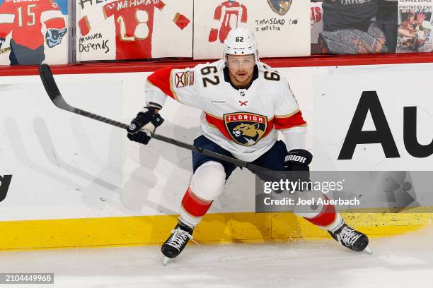 Brandon Montour of the Florida Panthers warms up prior to the game against the Nashville Predators at the Amerant Bank Arena on March 21, 2024 in...