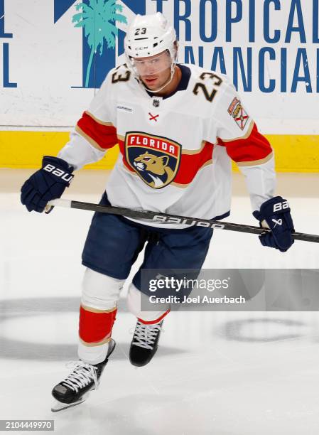 Carter Verhaeghe of the Florida Panthers skates prior to the game against the Nashville Predators at the Amerant Bank Arena on March 21, 2024 in...
