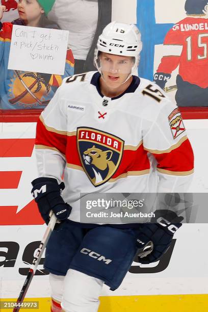 Anton Lundell of the Florida Panthers warms up prior to the game against the Nashville Predators at the Amerant Bank Arena on March 21, 2024 in...