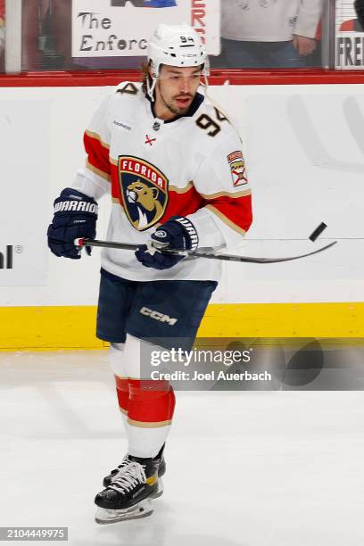Ryan Lomberg of the Florida Panthers warms up prior to the game against the Nashville Predators at the Amerant Bank Arena on March 21, 2024 in...