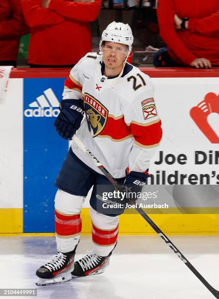 Nick Cousins of the Florida Panthers skates prior to the game against the Nashville Predators at the Amerant Bank Arena on March 21, 2024 in Sunrise,...