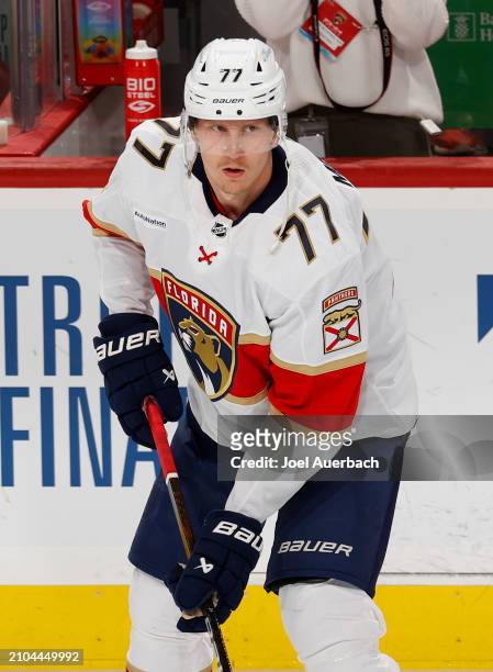 Niko Mikkola of the Florida Panthers warms up prior to the game against the Nashville Predators at the Amerant Bank Arena on March 21, 2024 in...