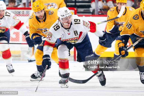 Matthew Tkachuk of the Florida Panthers rushes up ice against the Nashville Predators at the Amerant Bank Arena on March 21, 2024 in Sunrise, Florida.