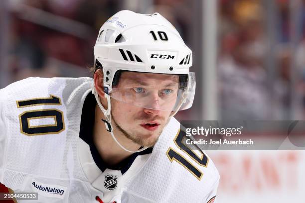 Vladimir Tarasenko of the Florida Panthers prepares for a face-off against the Nashville Predators at the Amerant Bank Arena on March 21, 2024 in...