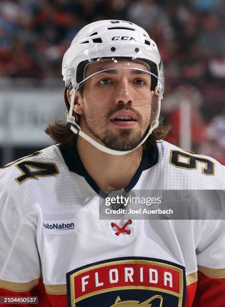 Ryan Lomberg of the Florida Panthers skates during a break in action against the Nashville Predators at the Amerant Bank Arena on March 21, 2024 in...