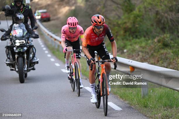 Georg Steinhauser of Germany and Team EF Education-EasyPost and Oscar Rodriguez of Spain and Team INEOS Grenadiers compete in the breakaway during...