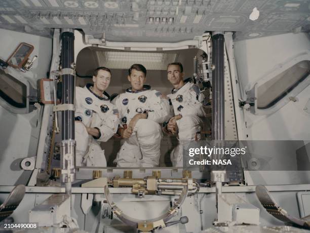 The crew of the first manned Apollo space mission, Apollo 7, at the Manned Spacecraft Center in Houston, Texas, May 22nd 1968. They are : astronauts...