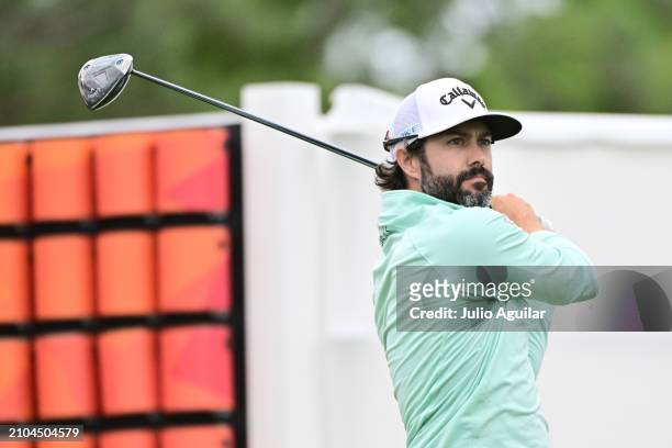 Adam Hadwin of Canada plays his shot from the 18th tee during the second round of the Valspar Championship at Copperhead Course at Innisbrook Resort...