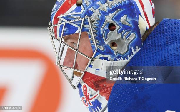 Jonathan Quick of the New York Rangers tends goal against the Boston Bruins during the first period at the TD Garden on March 21, 2024 in Boston,...