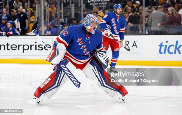 Jonathan Quick of the New York Rangers tends goal against the Boston Bruins during the first period at the TD Garden on March 21, 2024 in Boston,...