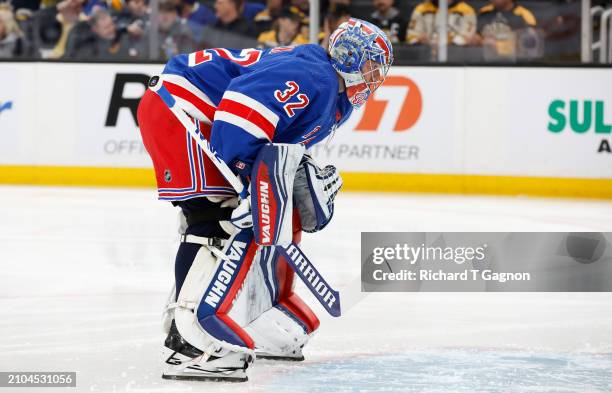 Jonathan Quick of the New York Rangers tends goal against the Boston Bruins during the first period at the TD Garden on March 21, 2024 in Boston,...