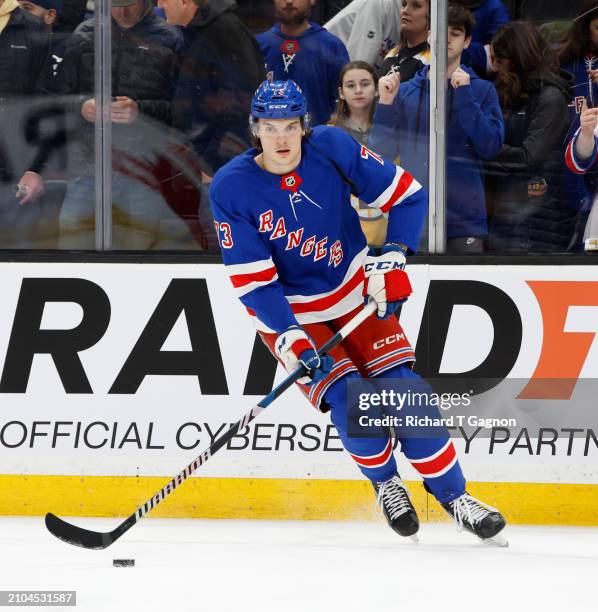 Matt Rempe of the New York Rangers warms up prior to a game against the Boston Bruins at the TD Garden on March 21, 2024 in Boston, Massachusetts....