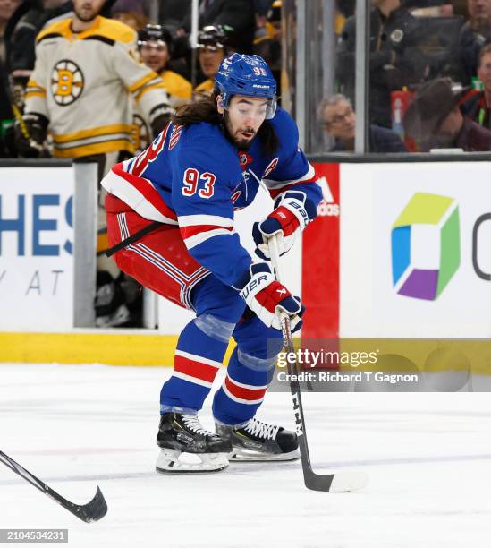 Mika Zibanejad of the New York Rangers skates against the Boston Bruins during the second period at the TD Garden on March 21, 2024 in Boston,...