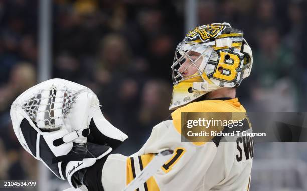 Jeremy Swayman of the Boston Bruins tends goal against the New York Rangers during the second period at the TD Garden on March 21, 2024 in Boston,...