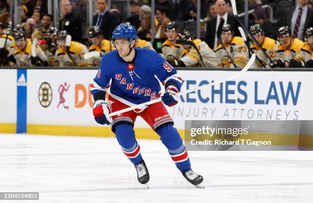 Alex Wennberg of the New York Rangers skates against the Boston Bruins during the second period at the TD Garden on March 21, 2024 in Boston,...