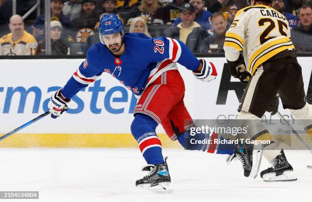 Chris Kreider of the New York Rangers skates against the Boston Bruins during the second period at the TD Garden on March 21, 2024 in Boston,...