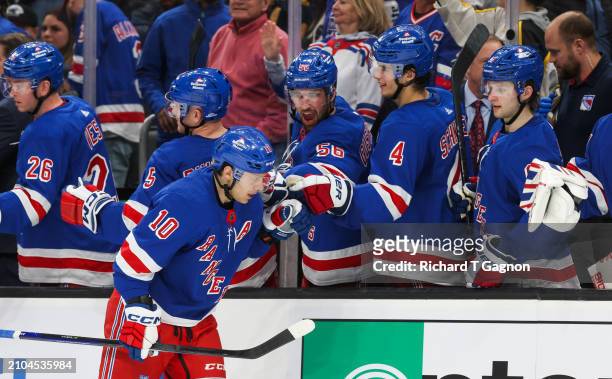 Artemi Panarin of the New York Rangers celebrates his third of three goals on the day against the Boston Bruins during the third period at the TD...