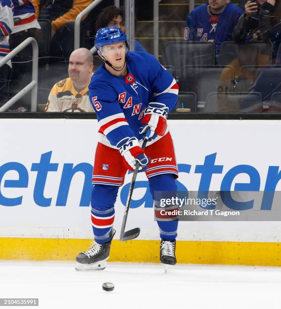 Chad Ruhwedel of the New York Rangers skates against the Boston Bruins during the third period at the TD Garden on March 21, 2024 in Boston,...