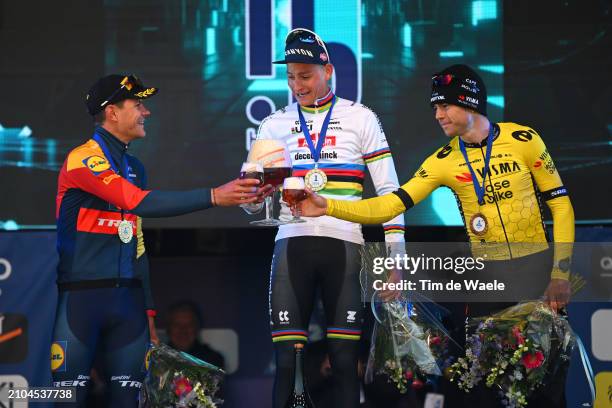 Jasper Stuyven of Belgium and Team Lidl - Trek on second place, race winner Mathieu van der Poel of The Netherlands and Team Alpecin - Deceuninck and...
