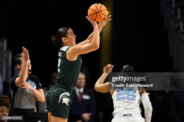 Abbey Kimball of the Michigan State Spartans attempts a three-point basket against Deja Kelly of the North Carolina Tar Heels in the first quarter...