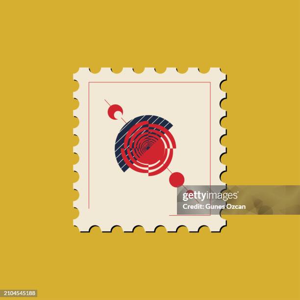 postage stamp template with copy space, postage stamp with abstract 2d geometric shape, geometric shapes, lines, circles, rounds, flat design illustration - strange perspective stock illustrations