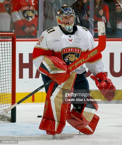 Goaltender Anthony Stolarz of the Florida Panthers skates the ice during warm ups prior to the start of their game against the Nashville Predators at...