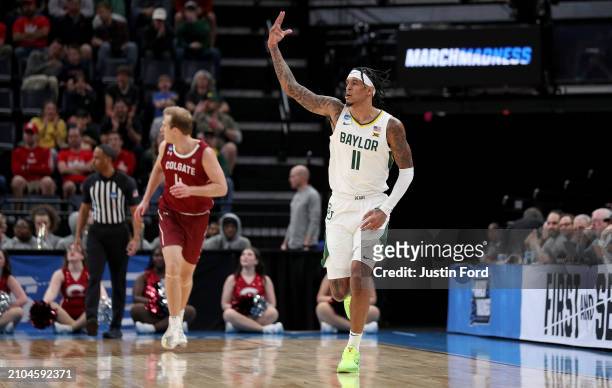 Jalen Bridges of the Baylor Bears reacts to a play in the first round of the NCAA Men's Basketball Tournament against the Colgate Raiders at...