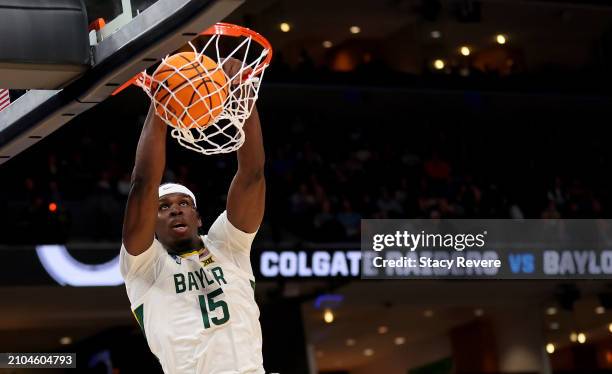 Josh Ojianwuna of the Baylor Bears dunks in the first round of the NCAA Men's Basketball Tournament against the Colgate Raiders at FedExForum on...